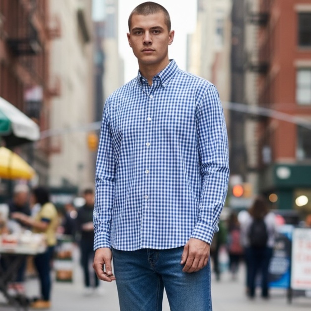 J. McLaughlin Blue White Check Cotton Button Up Shirt Size L